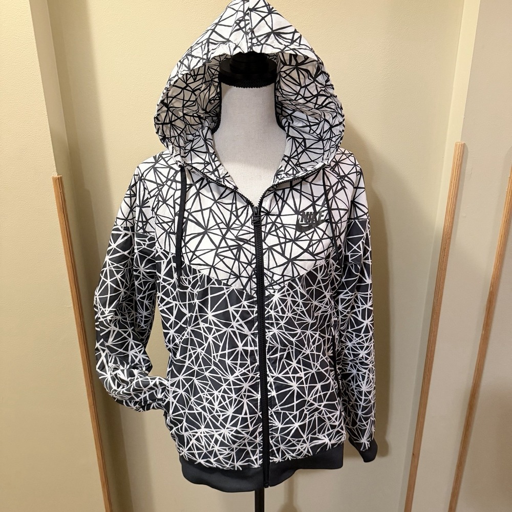Nike Windrunner Black White‎ XL Full Zip Hooded Windbreaker Jacket Geometric